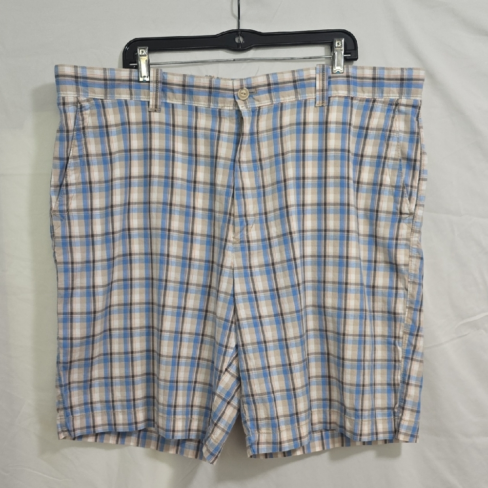 Izod Men's 42 Plaid Shorts Blue Tan Pockets
